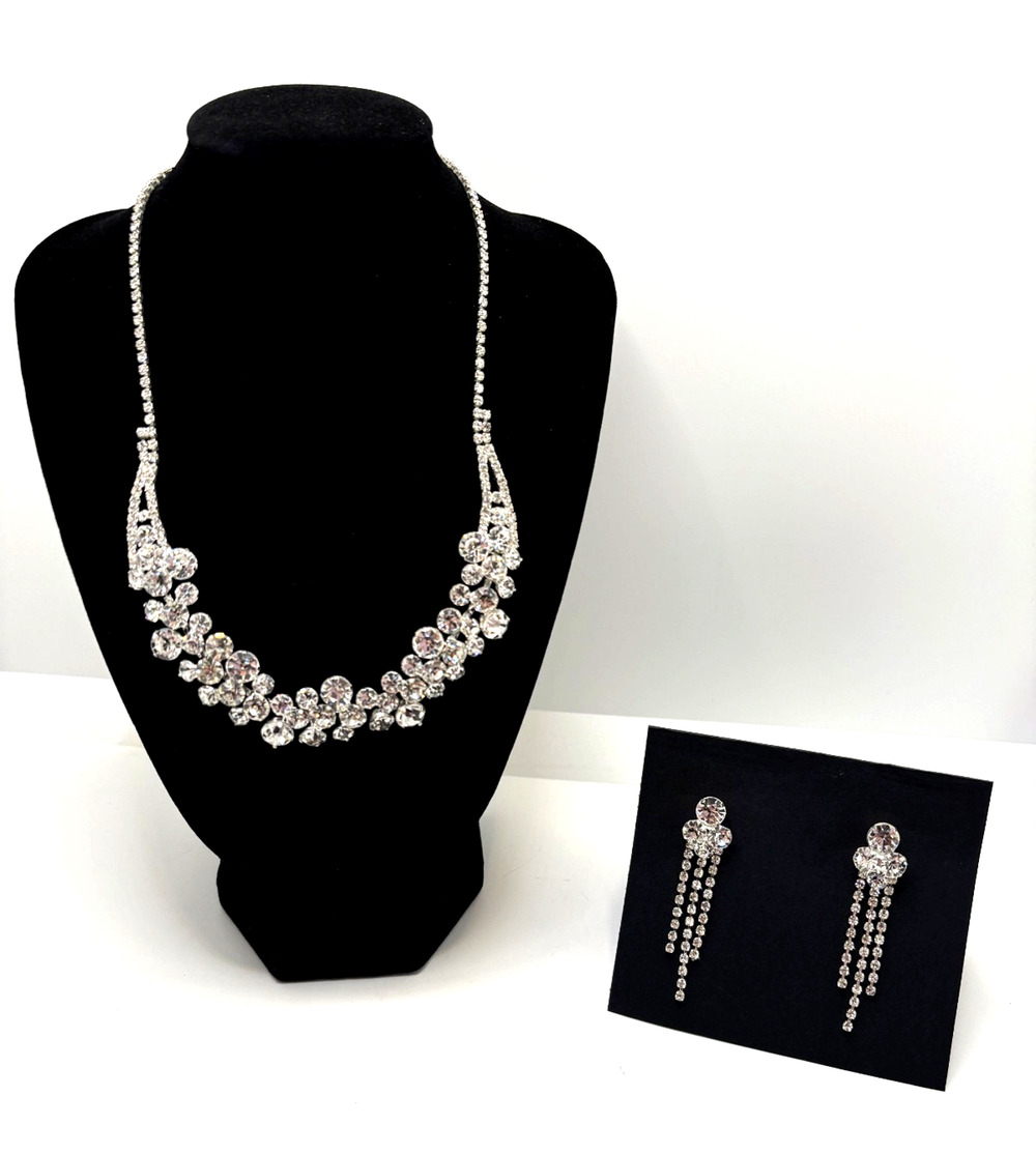 Necklace Earring Set Christina Collection Silver Tone Metal Rhinestone ELEGANT!!